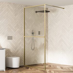 Product Viidako – Luxurii Inloopdouche – Geborsteld Messing (Goud) – Nano Coating – Geïntegreerd Handdoekrek- Design – Hoogwaardige kwaliteit – 100x200cm