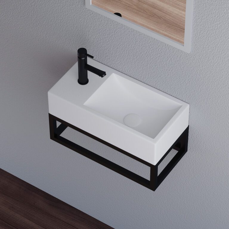 Product Sani Solid – Fontein – Solid Surface Roma- mat wit met mat zwart frame – 36 x 18 x 20 cm